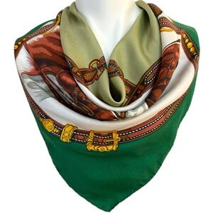 Vintage Equestrian Silk Scarf – Hand Rolled Edges – Horse Print 30” Square